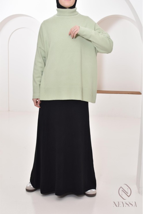 Casual Everyday Oversized Mint Green Turtleneck with Black Maxi Skirt Casual Everyday Oversized Mint Green Turtleneck with Black Maxi Skirt — Modest Winter Outfits