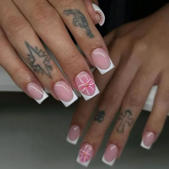 French with a Playful 3D Flower Accent French with a Playful 3D Flower Accent — Short Winter Acrylic Nails