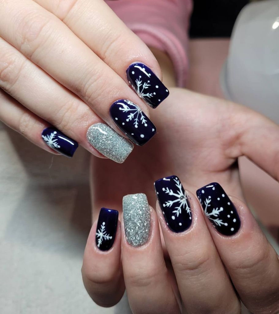 Navy Blue Glitter Snowflake Nails Navy Blue Glitter Snowflake Nails — Short Christmas Coffin Nails 2026