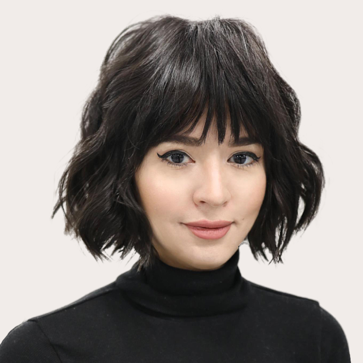 Wavy Medium Density Chin-Length Bob Textured Bangs Wavy Medium Density Chin-Length Bob Textured Bangs — Winter Bob Haircuts