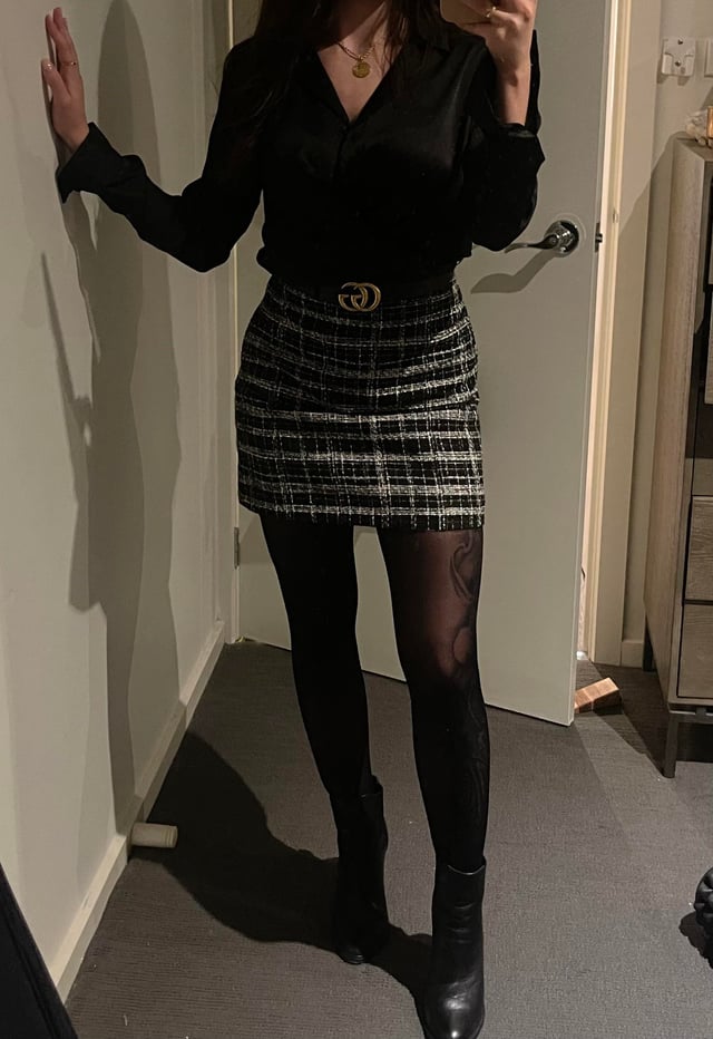 Tweed Mini Skirt and Sheer Blouse for Evening Glam — Las Vegas Winter Outfits