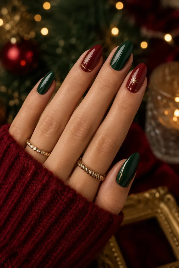 Flakie With Glossy Top Coat Visual Idea Flakie With Glossy Top Coat Visual Idea — Red and Gold Christmas Nails 2026