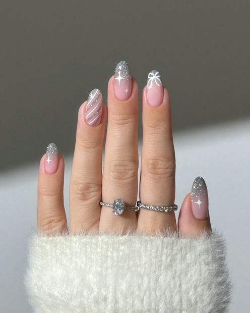 Silver Glitter French Star Decal Almond Nails — New Years Almond Nails 2027