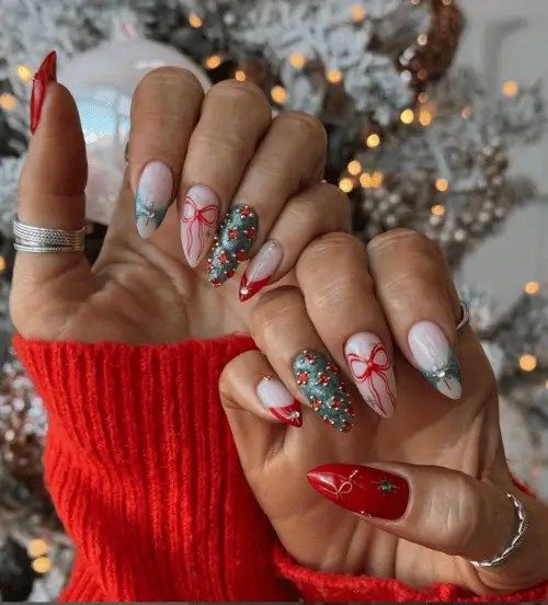 Medium Almond Mixed Festive Nails Medium Almond Mixed Festive Nails — Red Christmas Nails 2026