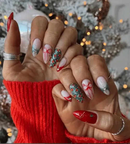 Festive Christmas Motif Medium Almond Nails Festive Christmas Motif Medium Almond Nails — Baddie Winter Nails