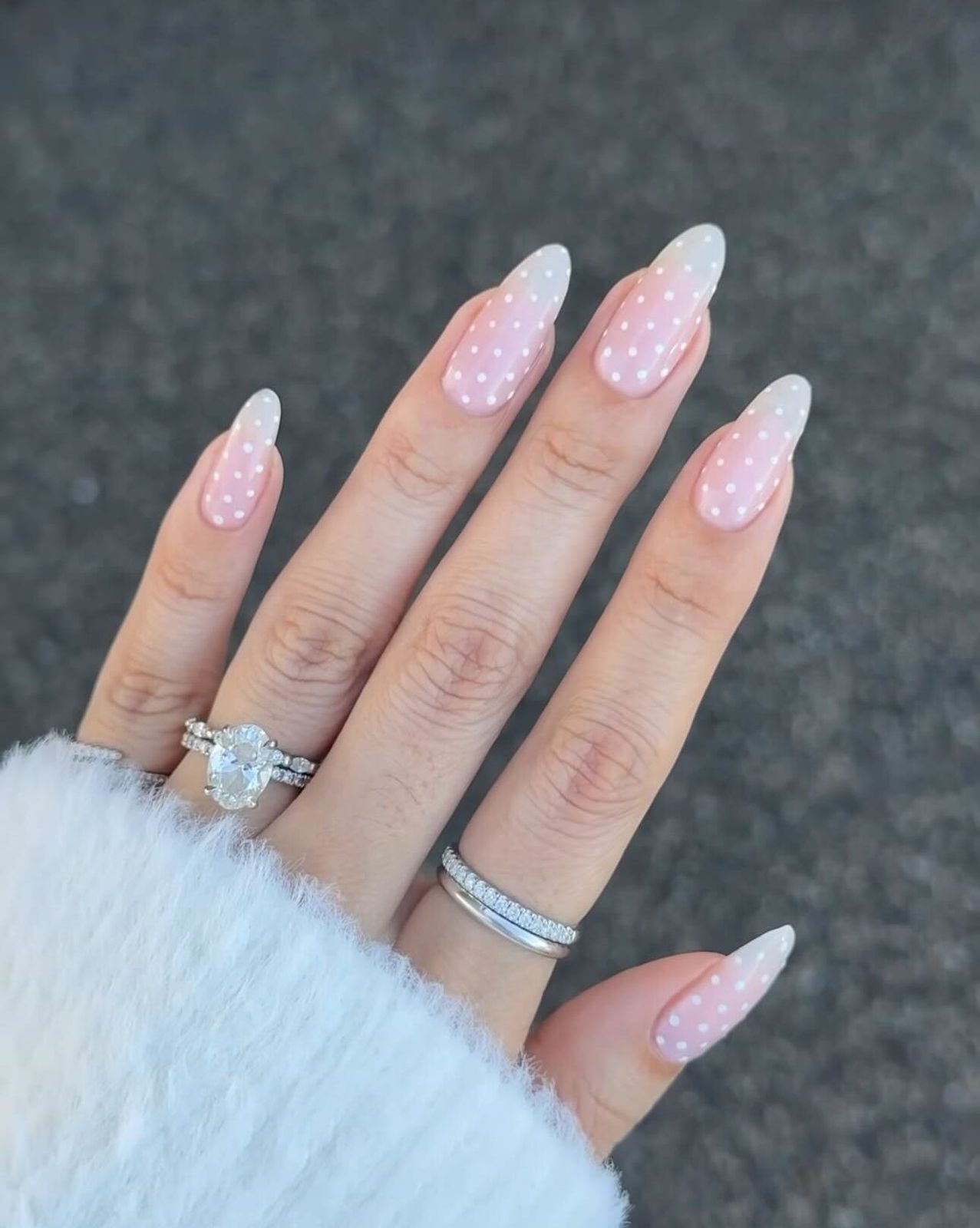 Gradient French With Polka Dots Almond Nails Gradient French With Polka Dots Almond Nails — Clean Girl Winter Nails
