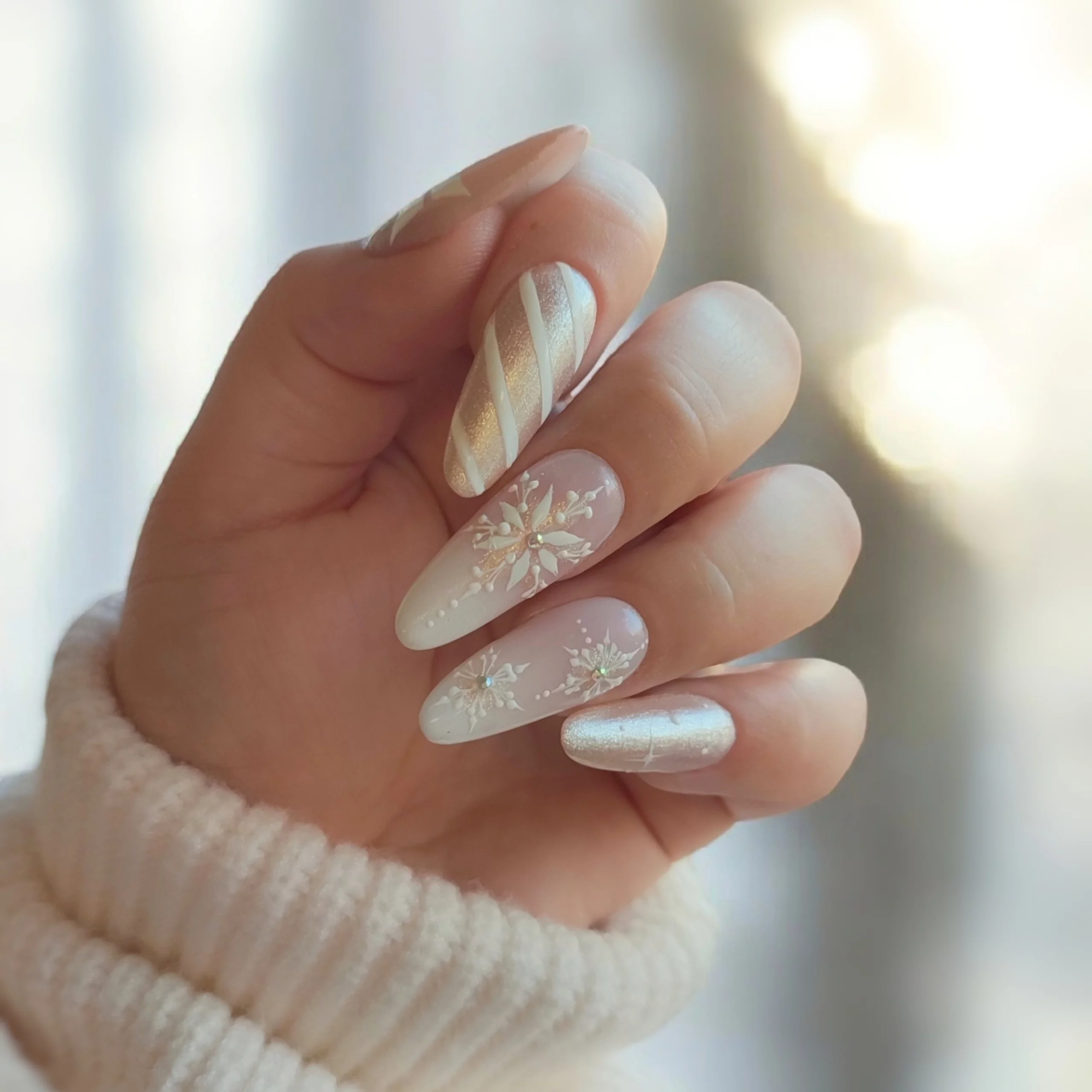 Sheer Nude Snowflake Glitter Nails Sheer Nude Snowflake Glitter Nails — Christmas Acrylic Nails 2026