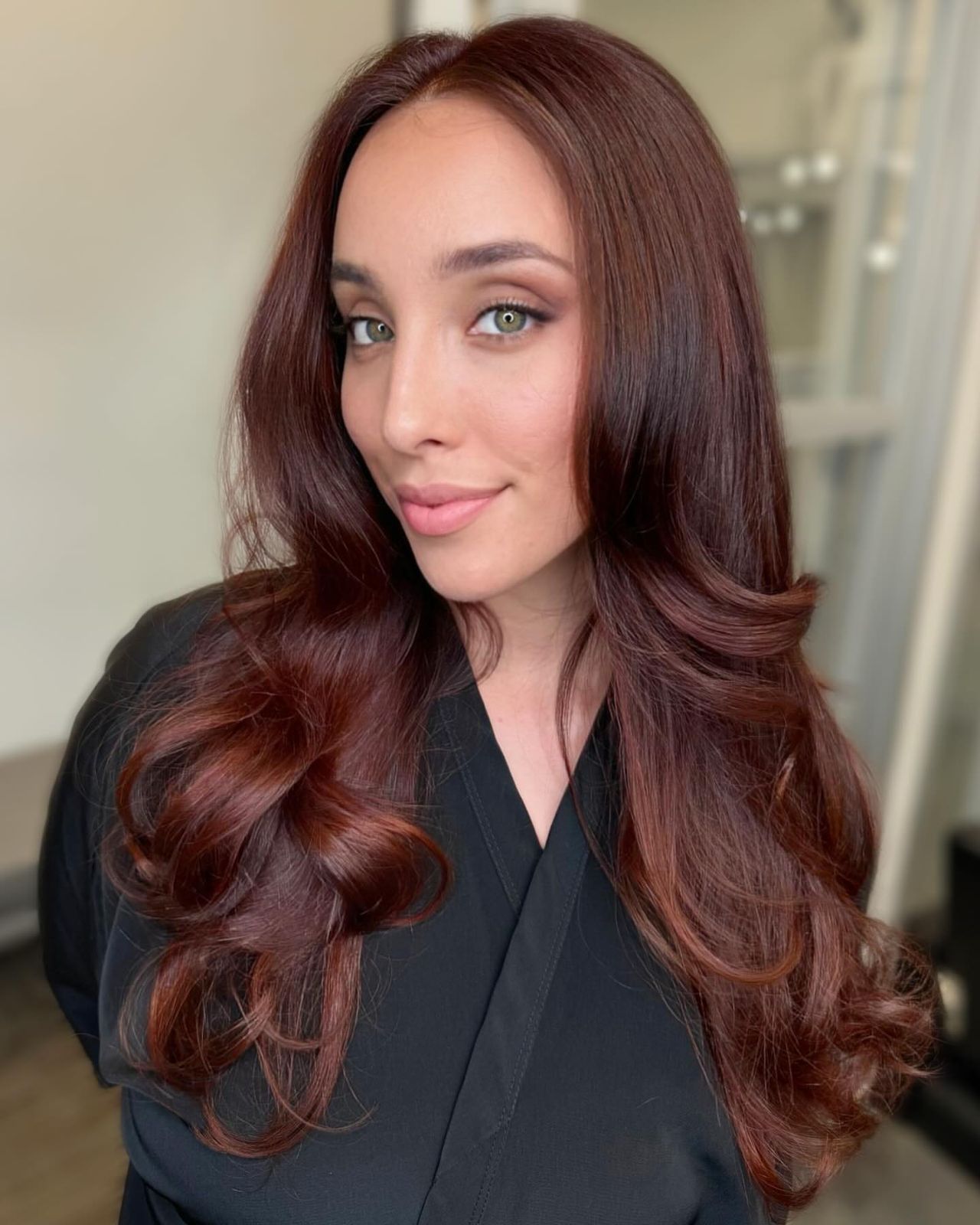 Deep Auburn With Red Undertones Deep Auburn Mid-Back Waves With Red Tones Deep Auburn With Red Undertones Deep Auburn Mid-Back Waves With Red Tones — Winter Auburn Hair Color