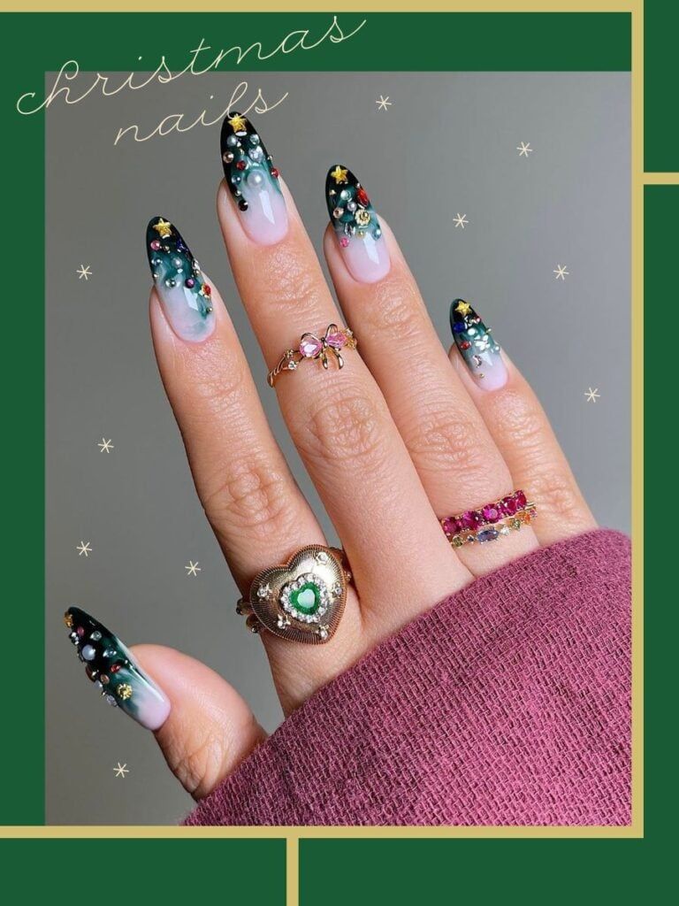 Dark Green Ombre Christmas Tree Stiletto Nails Dark Green Ombre Christmas Tree Stiletto Nails — Medium Christmas Nails 2026
