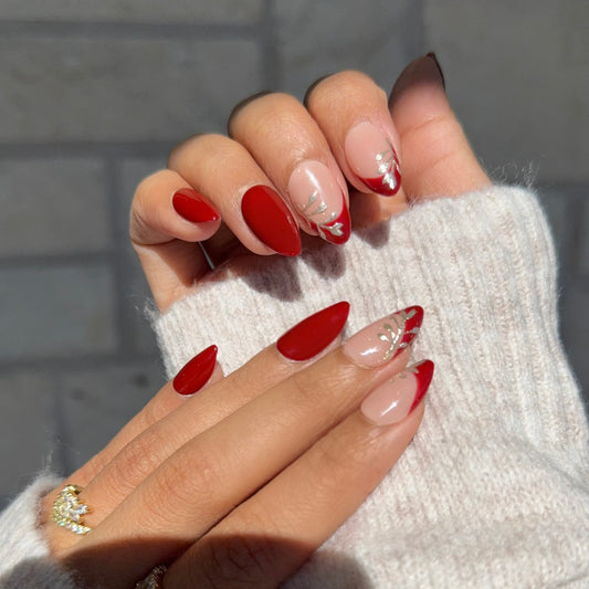 Nude Base Red French Tip Silver Leaf Nude Base Red French Tip Silver Leaf — New Years Press On Nails 2027