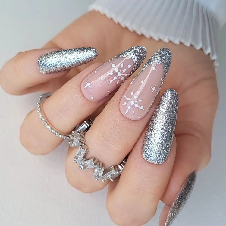 Nude Almond French with Snowflake Tips Nude Almond French with Snowflake Tips — Snowflake Nails