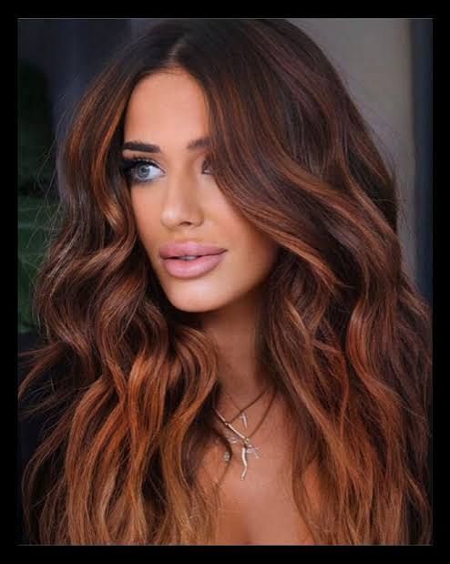 Copper and Caramel Balayage on Mid-Back Waves — Chestnut Brown Hair