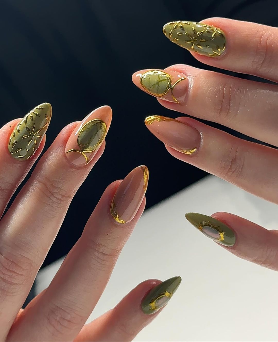 Olive Green with Gold Leaf Motifs — Green Christmas Nails 2026