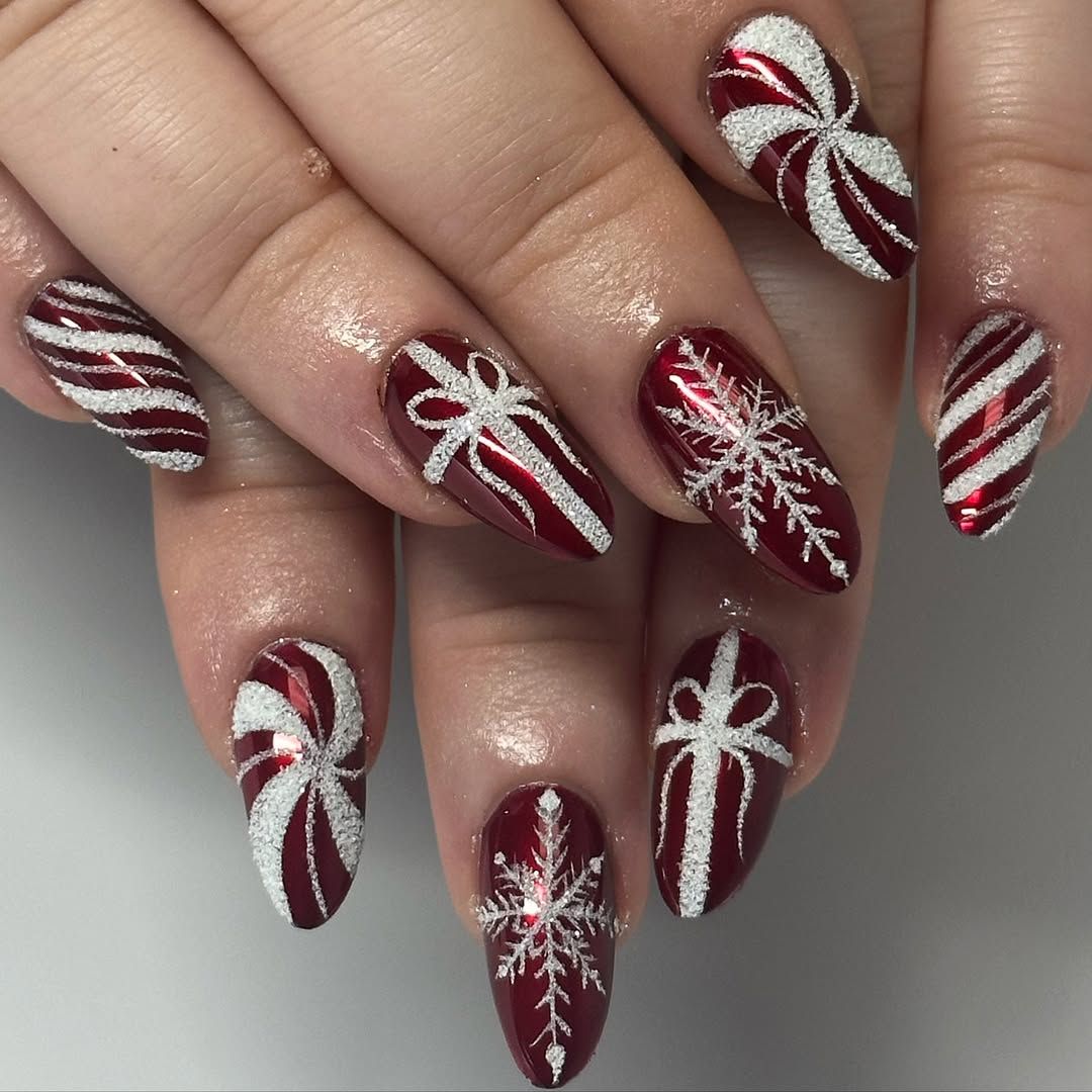 Deep Red Candy Cane Coffin Nails — Winter Nails for Teens