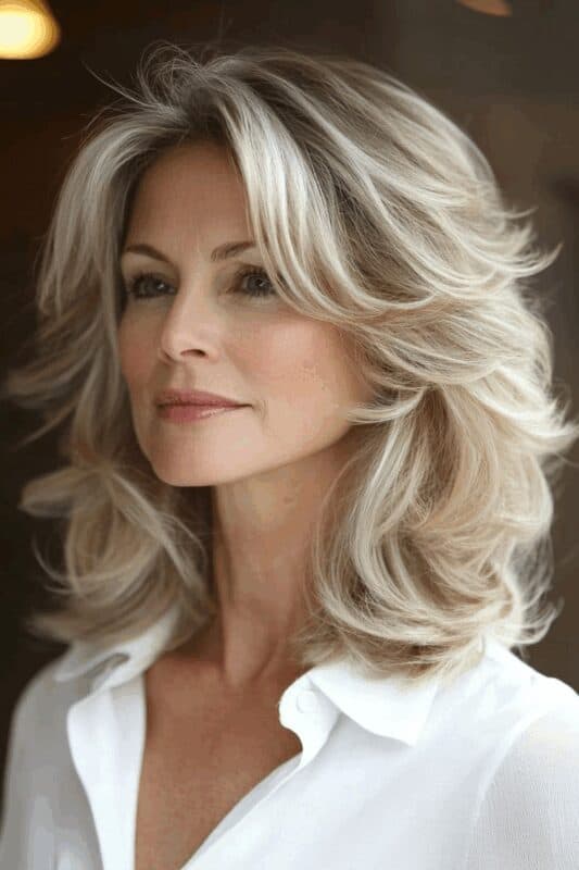Grey and Blonde Layered Cut With Curtain Bangs Grey and Blonde Layered Cut With Curtain Bangs — Winter Haircuts for Women Over 50