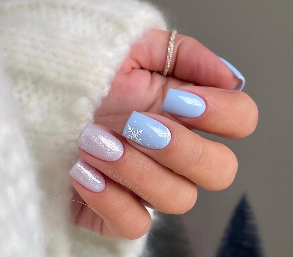 Short Square Light Blue Snowflake Nails Short Square Light Blue Snowflake Nails — Icy Blue Nails
