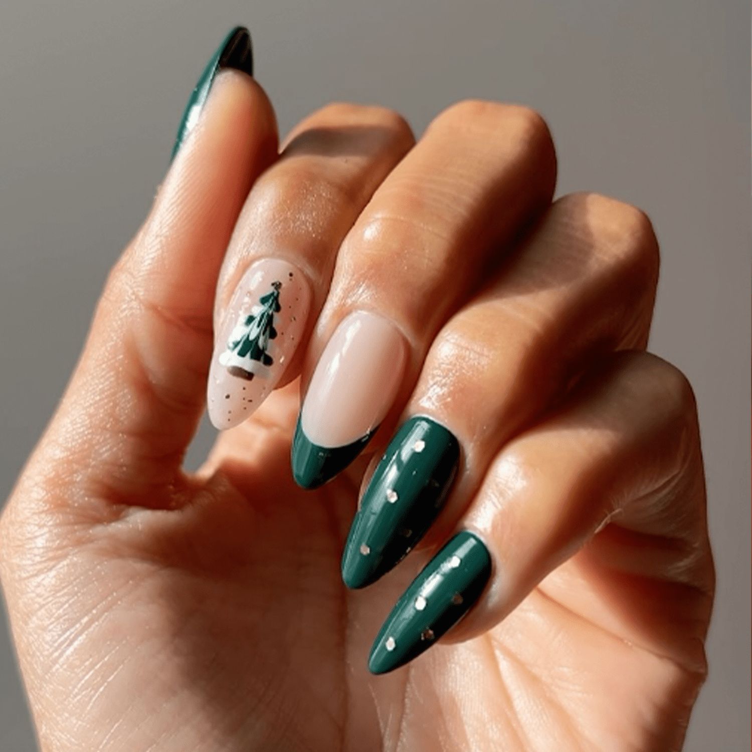 Dark Green Stilettos with Christmas Tree Art Dark Green Stilettos with Christmas Tree Art — Christmas Stiletto Nails 2026