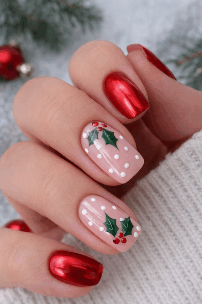 Medium Square Metallic Red with Holly Medium Square Metallic Red with Holly — Subtle Christmas Nails 2026