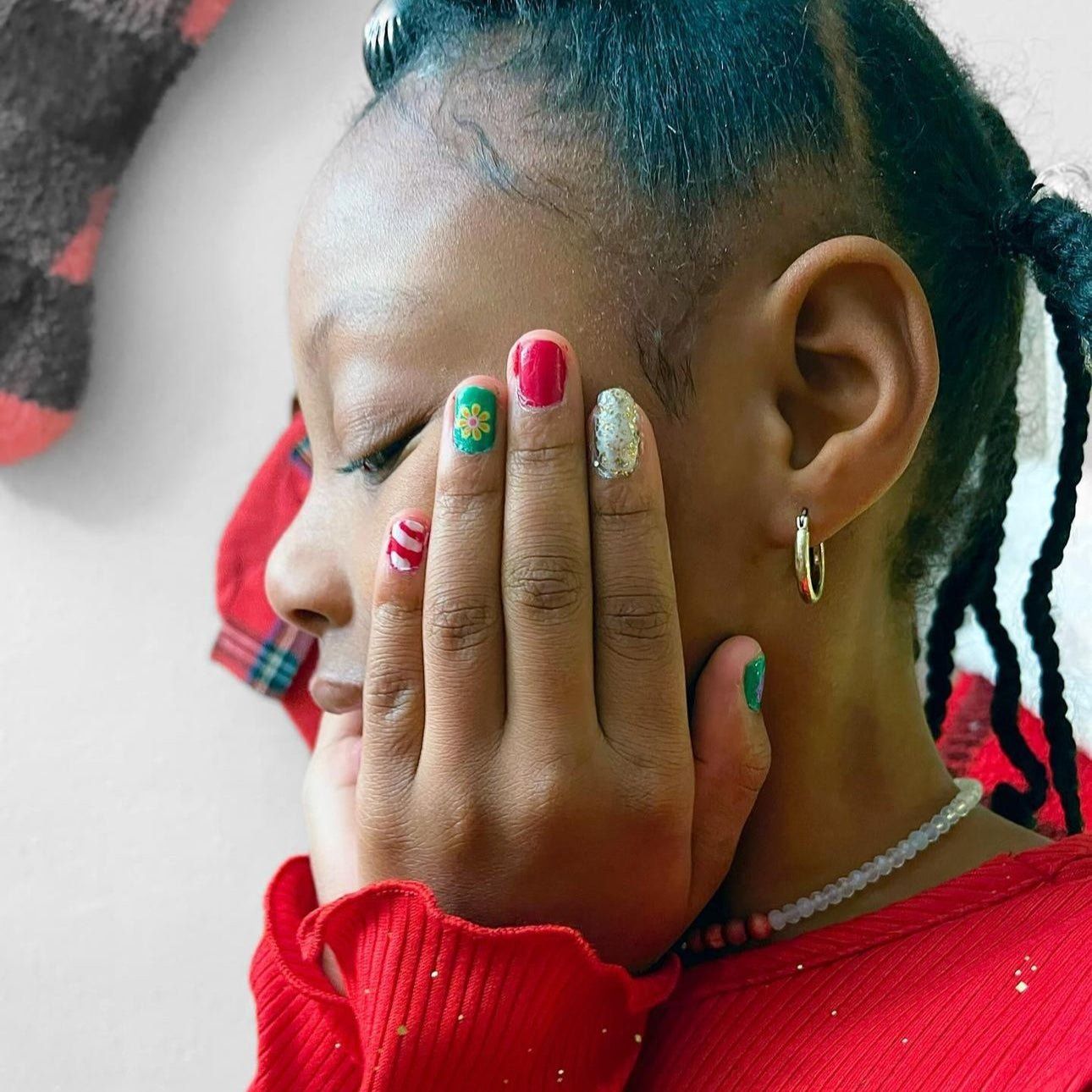 Festive Mix of Stripes, Glitter, and Florals Festive Mix of Stripes, Glitter, and Florals — Christmas Nails for Kids 2026