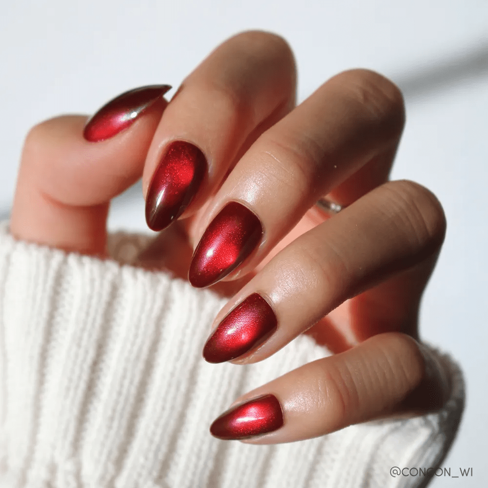 Metallic Shimmer Red Almond Nails Metallic Shimmer Red Almond Nails — Cherry Red Christmas Nails 2026