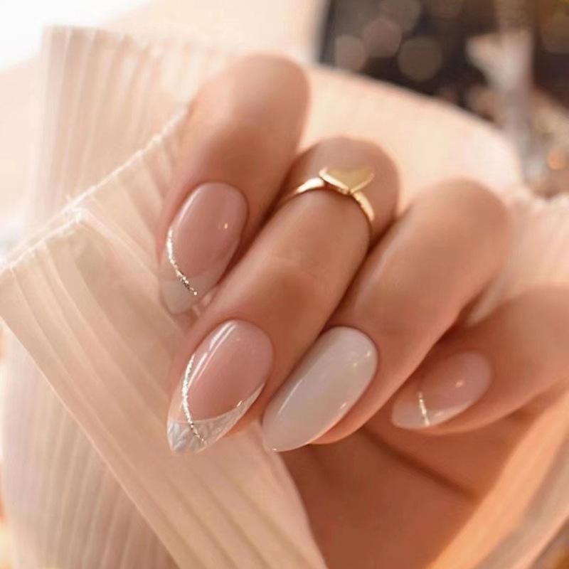 Sheer Pink Milky White Silver Line French Sheer Pink Milky White Silver Line French — Medium Winter Almond Nails