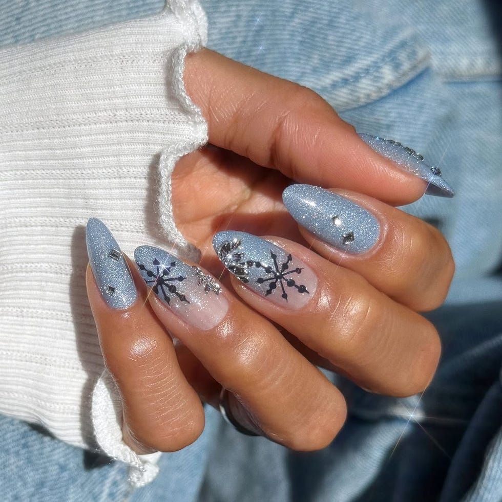 Blue Glitter Stilettos with Snowflakes Blue Glitter Stilettos with Snowflakes — Winter Nails for School