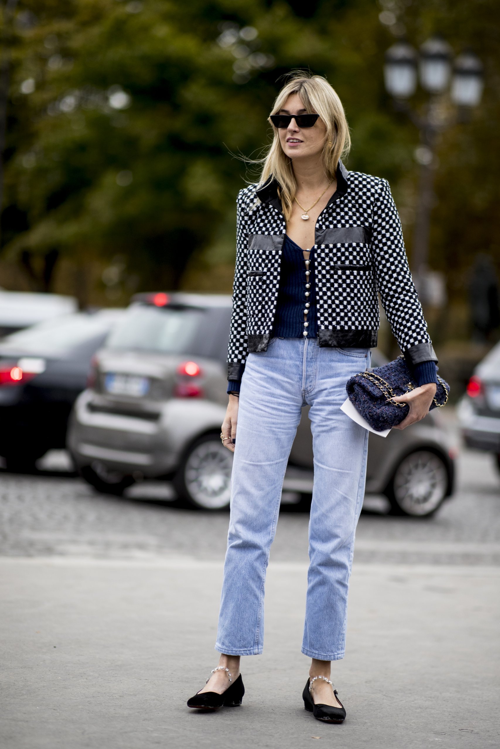 Casual Contrast: Checkered Jacket Over Cardigan and Jeans — Fall to Winter Outfits