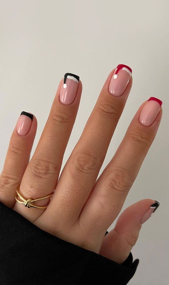 Nude Santa Hat French Tip Nails — Short Christmas Square Nails 2026