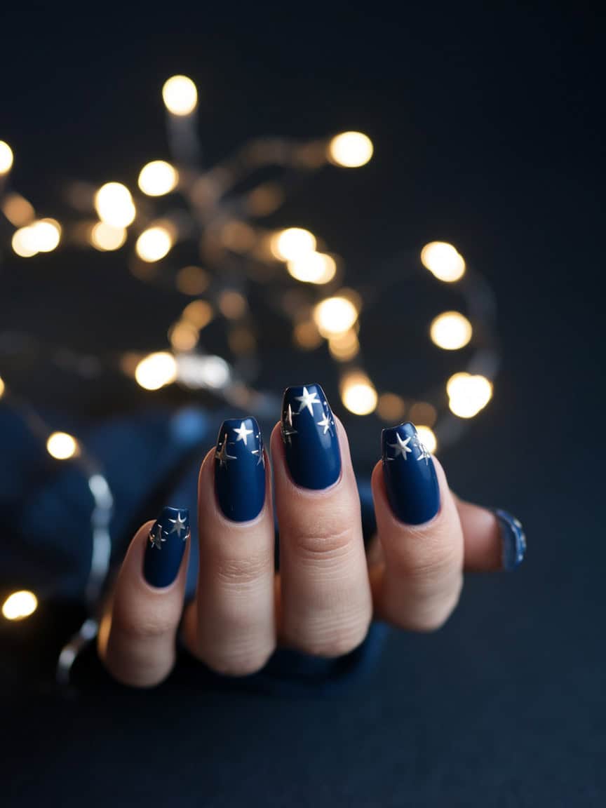 Navy Blue Square Nails with Silver Stars Navy Blue Square Nails with Silver Stars — New Years Nails 2027