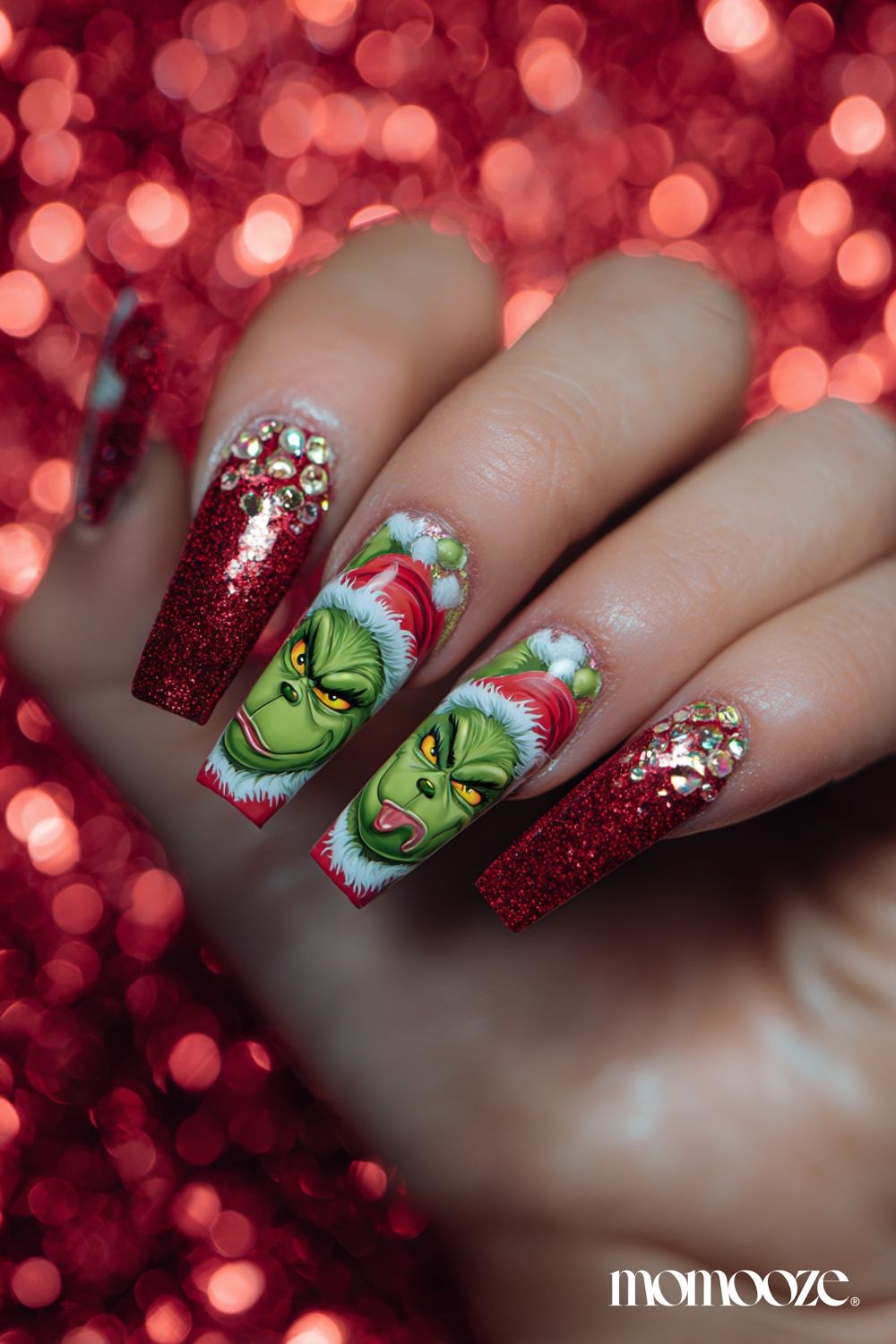 Long Coffin Rhinestone Red Glitter Grinch Nails Long Coffin Rhinestone Red Glitter Grinch Nails — Grinch Nails 2026