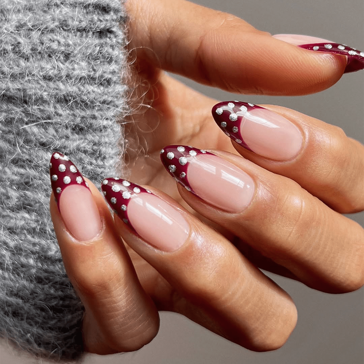 Burgundy French Tips with Silver Dots Burgundy French Tips with Silver Dots — Winter Nail Trends