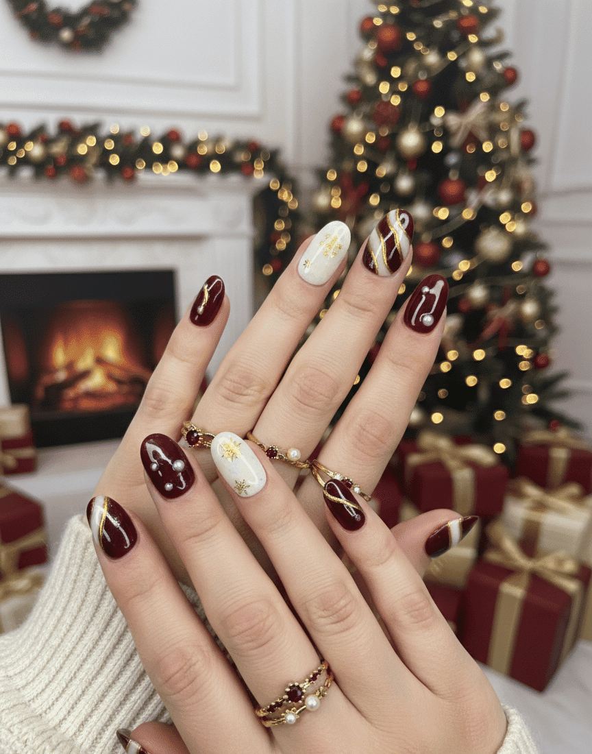 Burgundy Ovals with Gold Stripes and Pearls Burgundy Ovals with Gold Stripes and Pearls — Burgundy Christmas Nails 2026