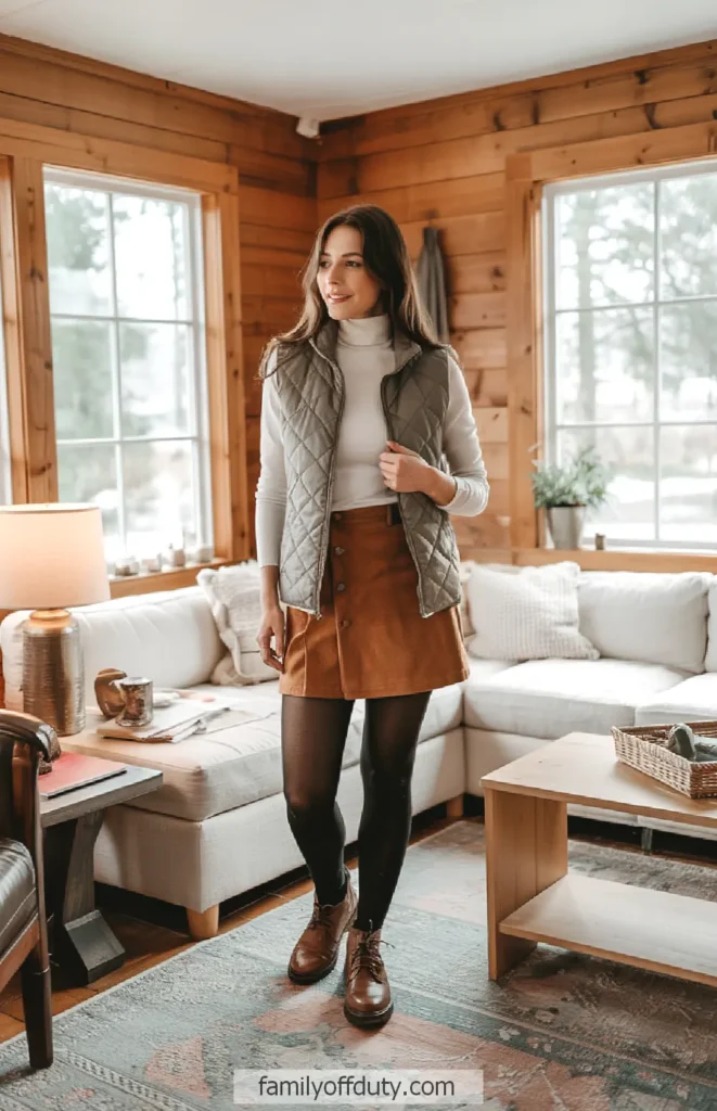 Chic Layers: Quilted Vest and Suede Skirt Chic Layers: Quilted Vest and Suede Skirt — Cabin Trip Outfits