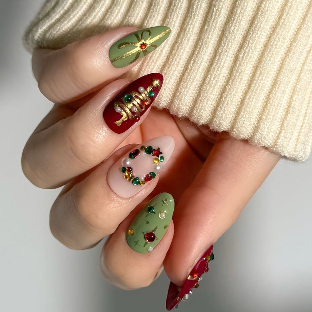 Sage Green Deep Red Nude Gold Accents Visual Idea Sage Green Deep Red Nude Gold Accents Visual Idea — Short Christmas Coffin Nails 2026