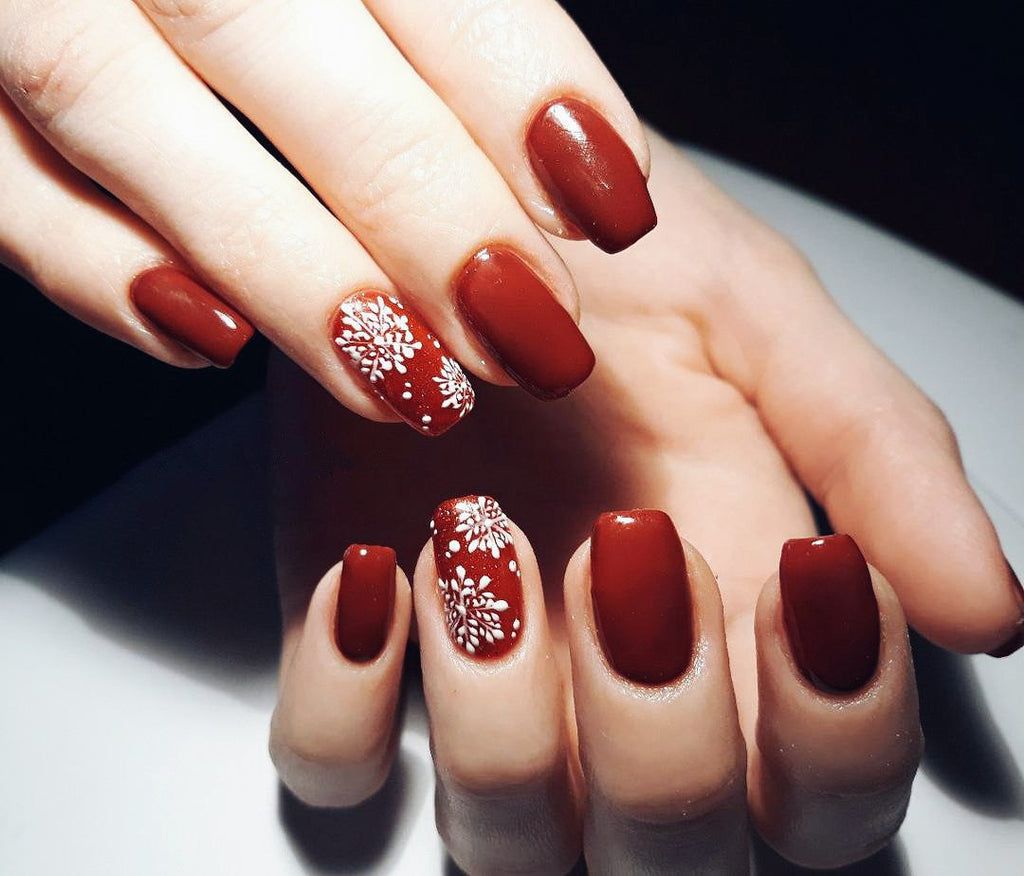Deep Red with Intricate Snowflakes Deep Red with Intricate Snowflakes — Christmas Nails 2026