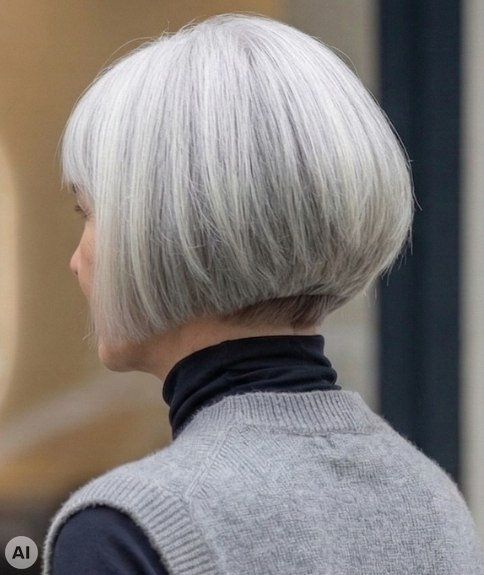 Classic Gray Bob With Air-Dried Finish Classic Gray Bob With Air-Dried Finish — Gray Blending Highlights
