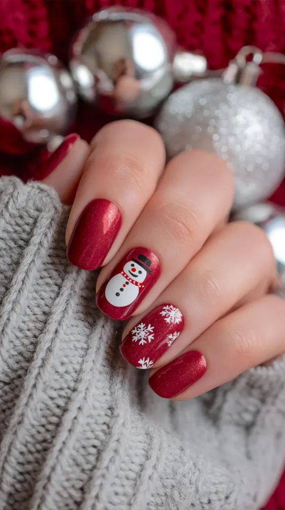 Short Oval Shimmer Snowman Nails Short Oval Shimmer Snowman Nails — Simple Christmas Nails 2026