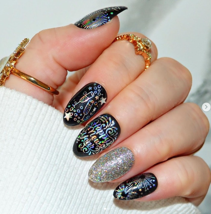 Black Holographic Happy New Year Nails Black Holographic Happy New Year Nails — New Years Press On Nails 2027