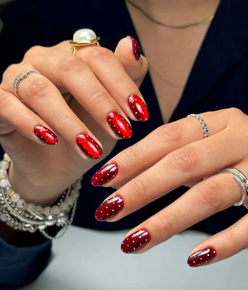 Deep Red Gradient Nails with Polka Dots Deep Red Gradient Nails with Polka Dots — Short Christmas Nails 2026