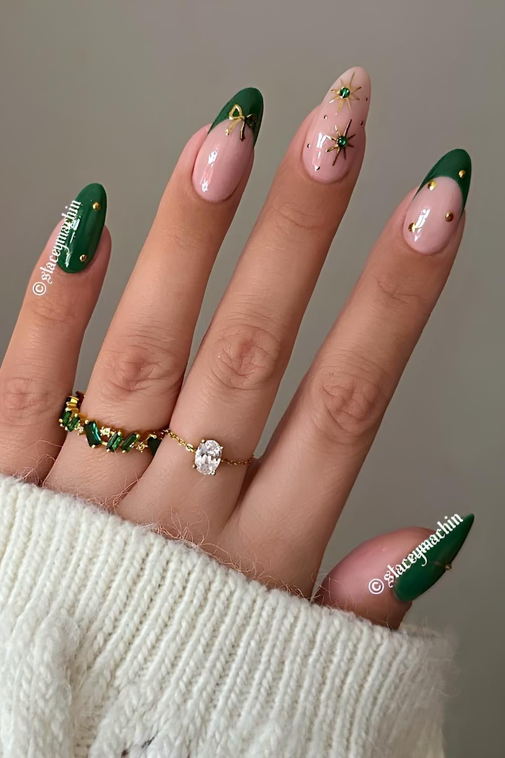 Green French Tips with Gold Starbursts — Green Christmas Nails 2026