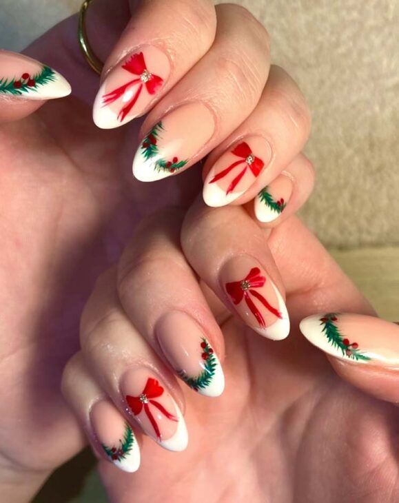 Holly Bow Rhinestone French Oval Nails Holly Bow Rhinestone French Oval Nails — Christmas Nails for Teens 2026