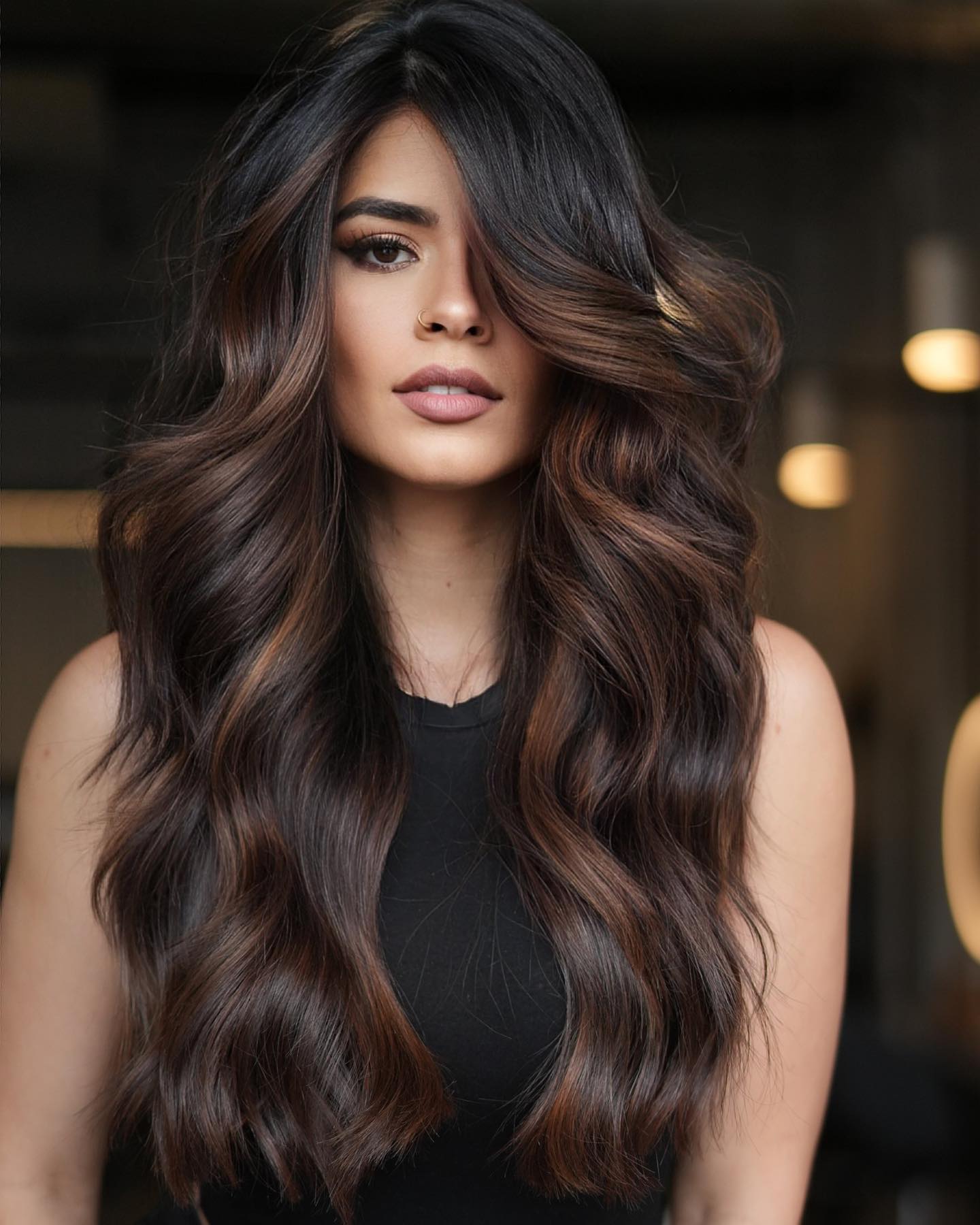 Mid-Back Waves With Subtle Brown Dimension Mid-Back Waves With Subtle Brown Dimension — Dark Chocolate Brown Hair