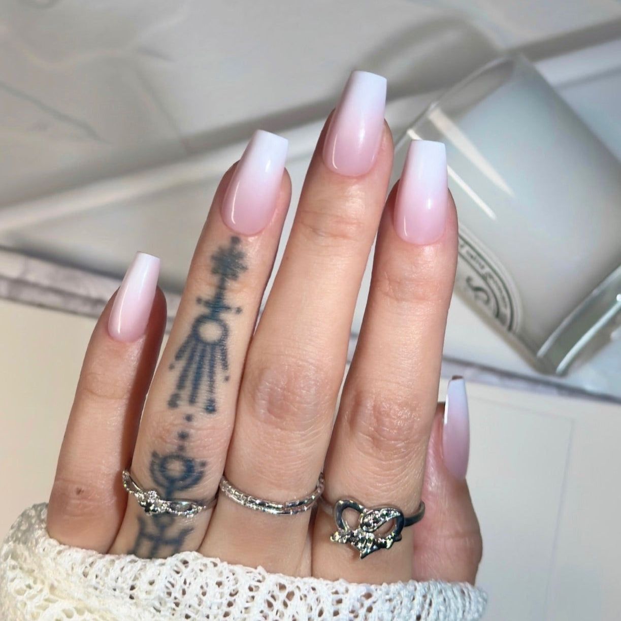 Glossy Soft Pink to White Ombre Medium Coffin Glossy Soft Pink to White Ombre Medium Coffin — Short Winter Coffin Nails