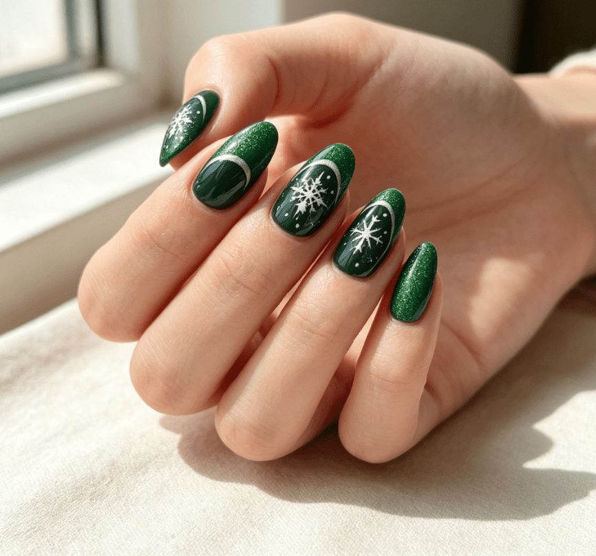 Dark Green with Snowflake Accents Dark Green with Snowflake Accents — Christmas Nail Art 2026