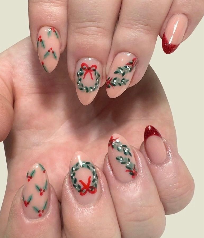 Medium Almond Holly Berry Bow Nails Medium Almond Holly Berry Bow Nails — Simple Christmas Nails 2026