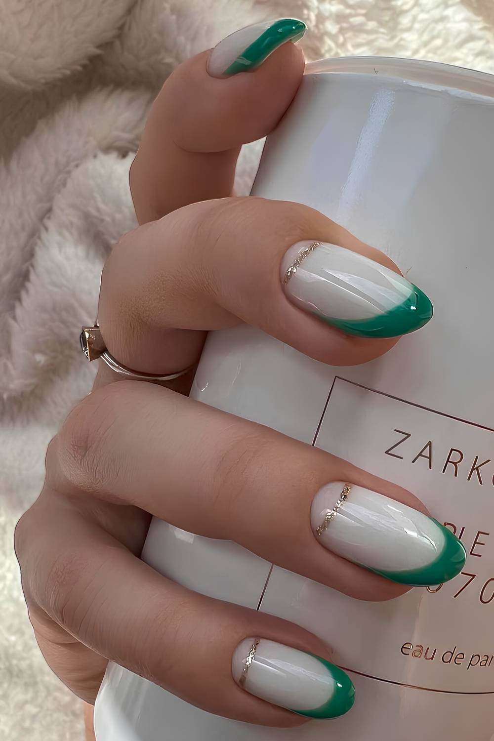 White Base Green French Tips with Glitter Line White Base Green French Tips with Glitter Line — Winter Nail Colors for Women Over 70