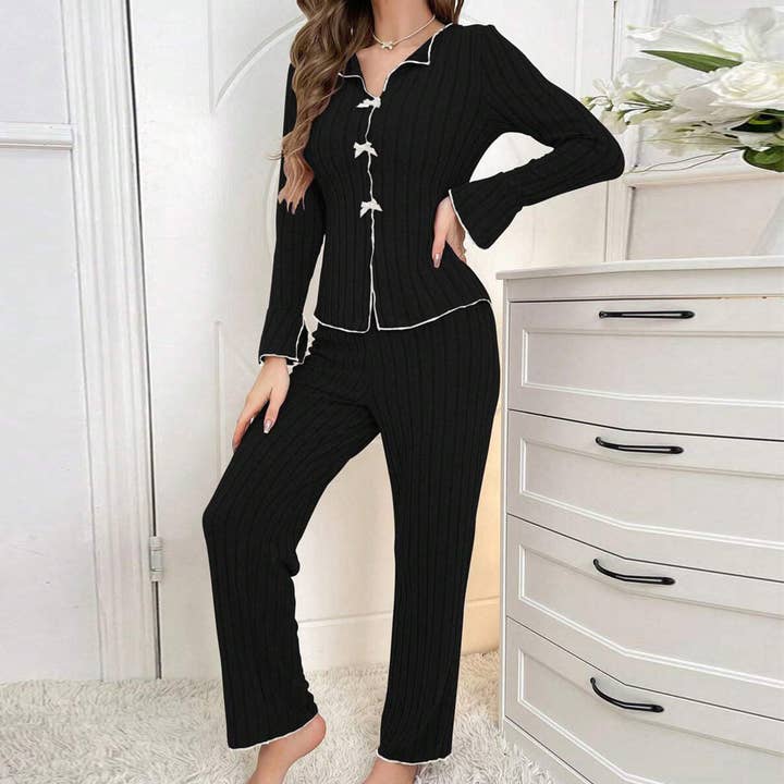 Black Ribbed Pajamas with Piping and Bows Black Ribbed Pajamas with Piping and Bows — Loungewear Outfits