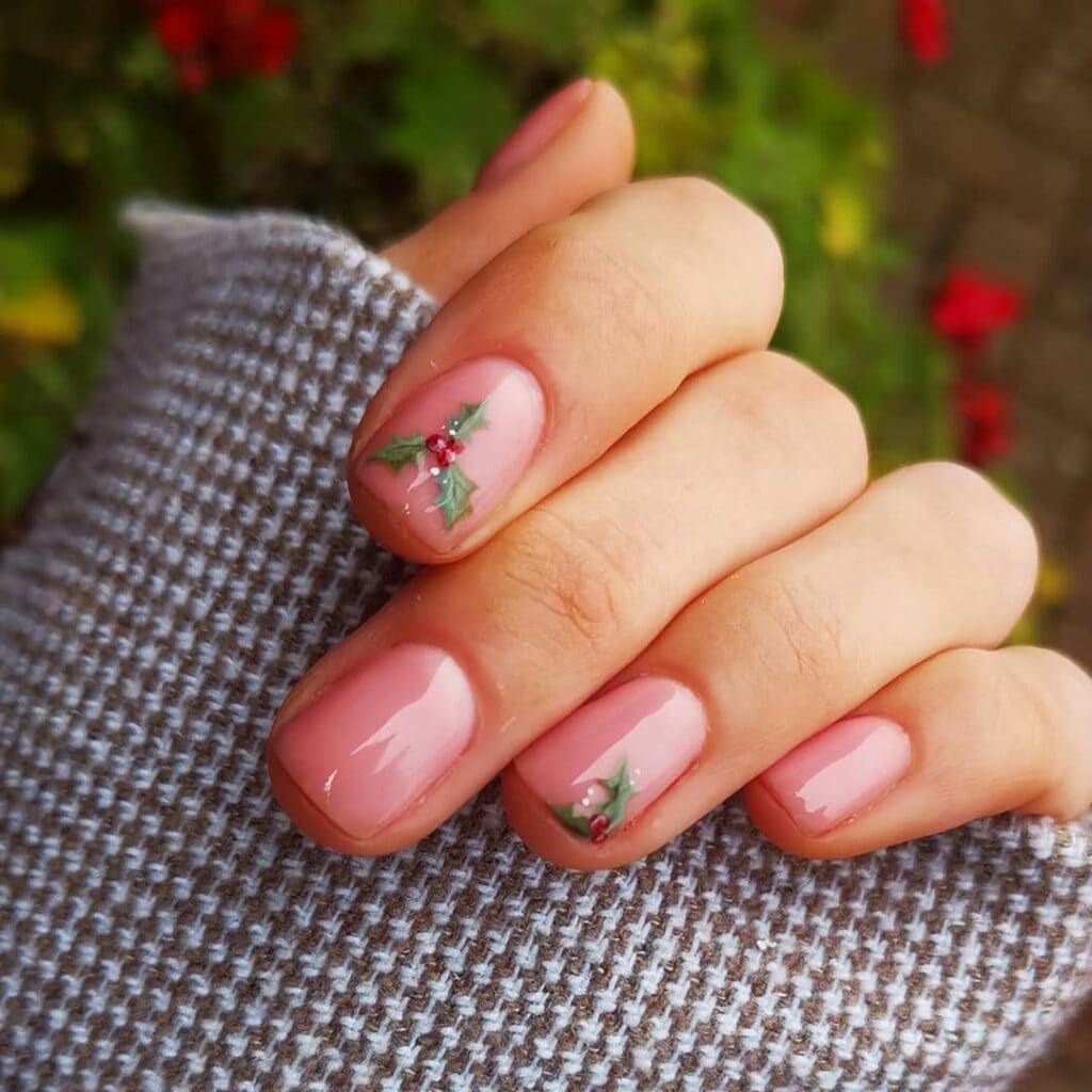 Squoval Pink Base Holly Sprig Cuticle Nails Squoval Pink Base Holly Sprig Cuticle Nails — Minimalist Christmas Nails 2026