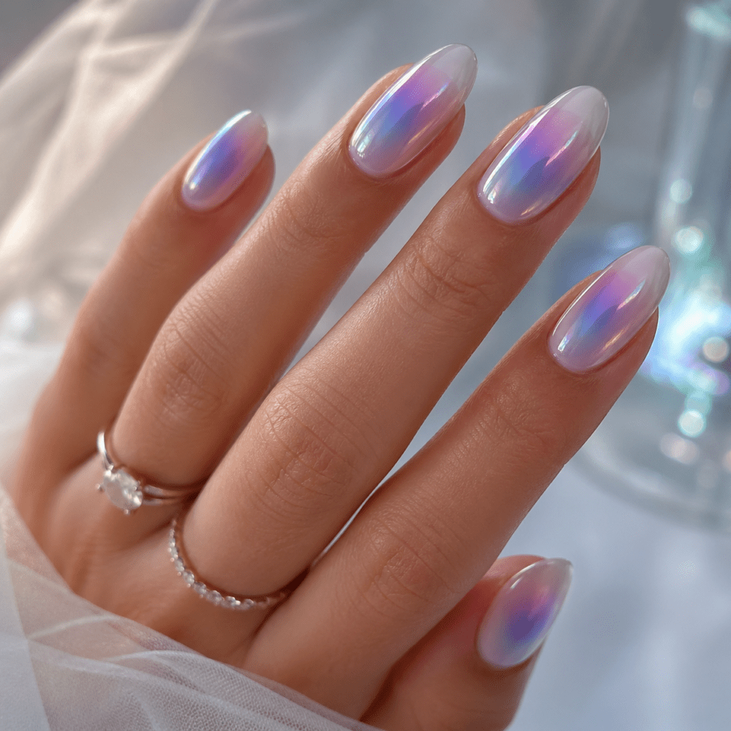 Iridescent Shimmer Oval Nails Iridescent Shimmer Oval Nails — Winter Wedding Nails