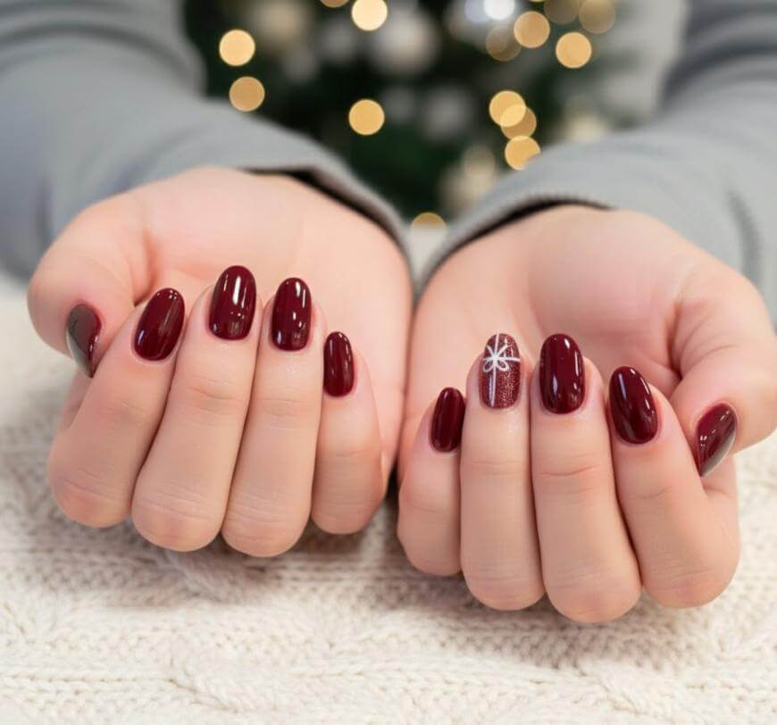 Burgundy Almonds with Snowflake Accent Burgundy Almonds with Snowflake Accent — Burgundy Christmas Nails 2026